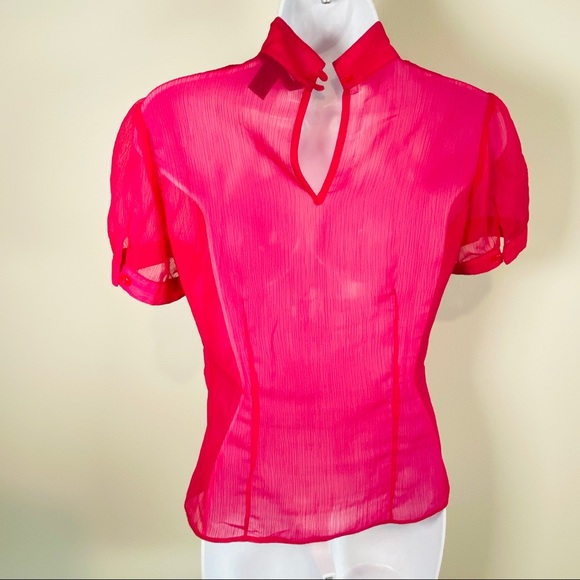 H&M Fuchsia Mock Neck Contrasting Pink Polka Dot Ruffle Chiffon Top Size 6 - Picture 3 of 8